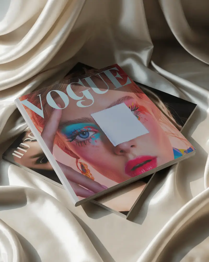 Elegant Top View Square Magazine Mockup On Stacked Issues With Cream Satin Background Soft Lighting Effect 0297