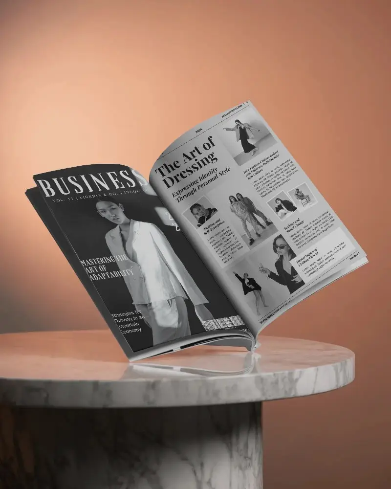 Floating Magazine Mockup On Marble Table Against Warm Toned Gradient Background For Luxury Print Design Presentation 0294