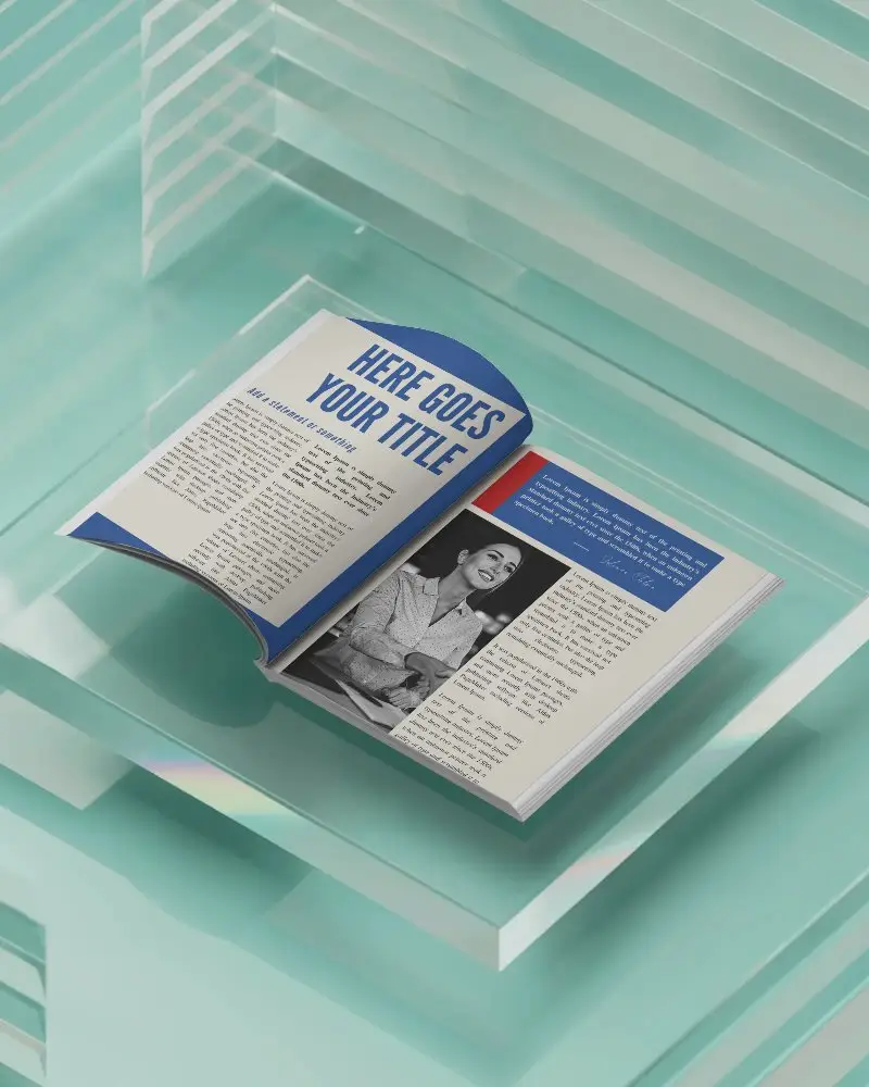 Floating Open Magazine Mockup On Clear Glass Surface With Layered Transparent Panels And Minimal Backdrop 0260