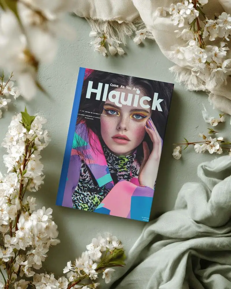 Blank Hardcover Magazine Mockup Surrounded By Floral Elements And Fabric Texture Background