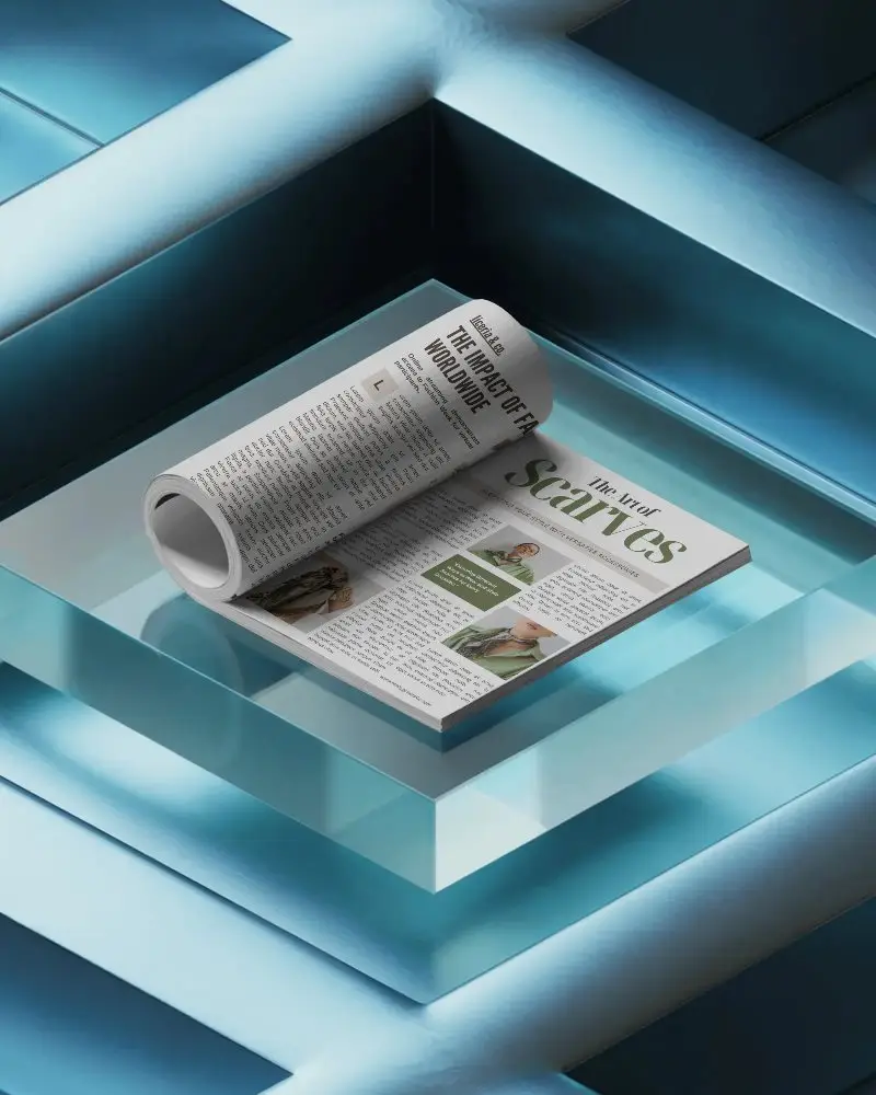 Futuristic Glass Platform Magazine Mockup With Rolled And Open Pages Displayed In Modern Blue Ambience 0262