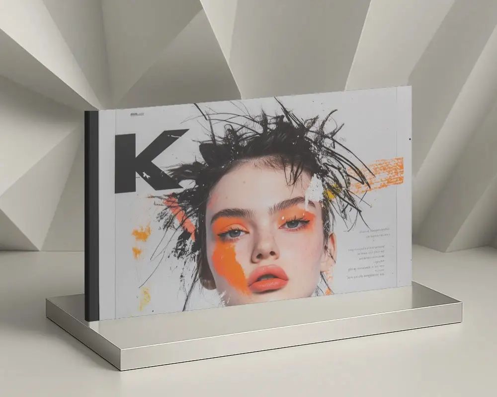 Geometric Wall Backdrop Horizontal Magazine Mockup With Clean Metallic Stand And Soft Neutral Lighting 0299