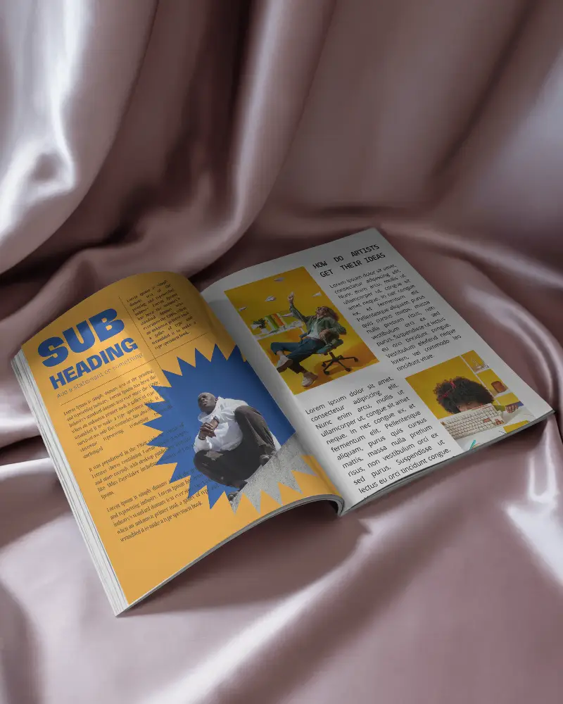 Glossy Fabric Background Open Magazine Mockup With Elegant Page Spread And Soft Satin Texture Layout 0303