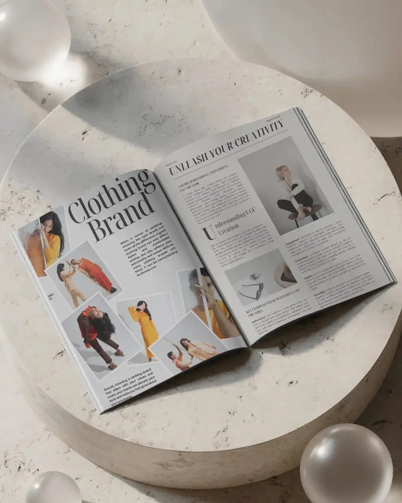 Luxury Editorial Magazine Mockup Laid On Textured Circular Platform With Elegant Floating Orbs 0261