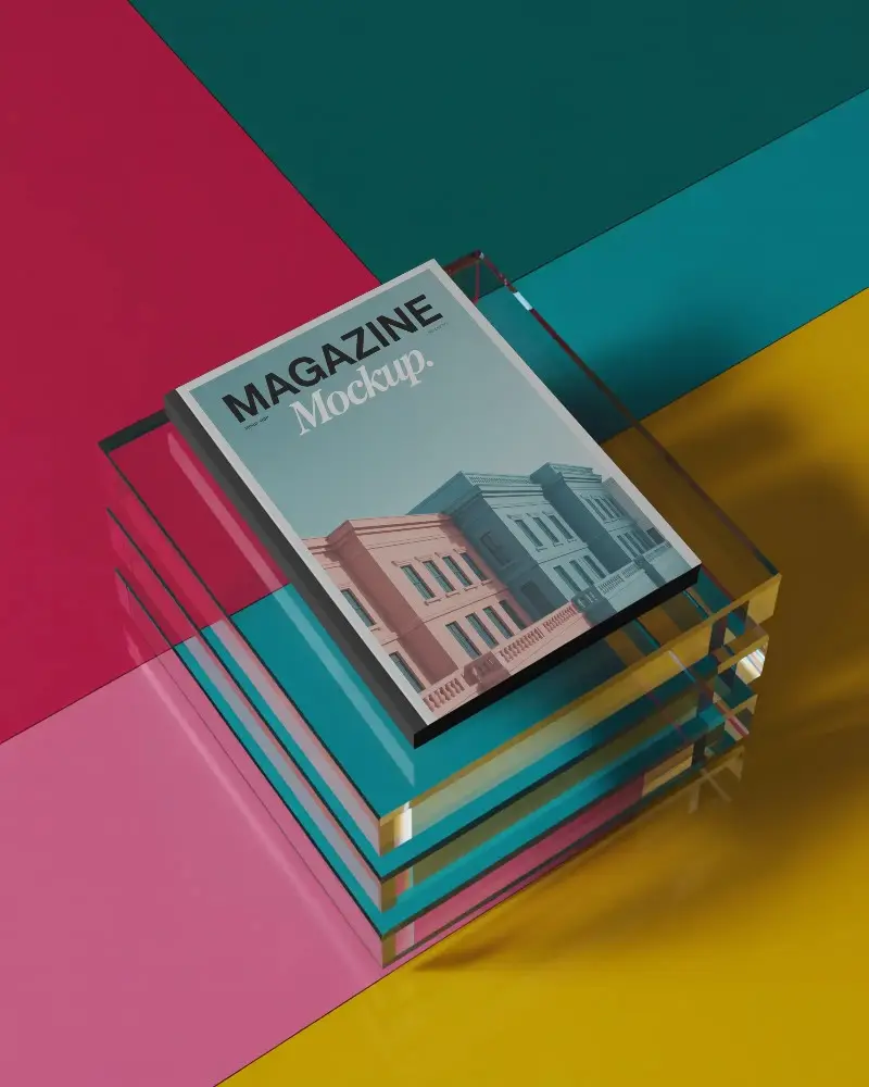 Sleek Magazine Mockup With Transparent Glass Pedestal On Colorful Abstract Surface
