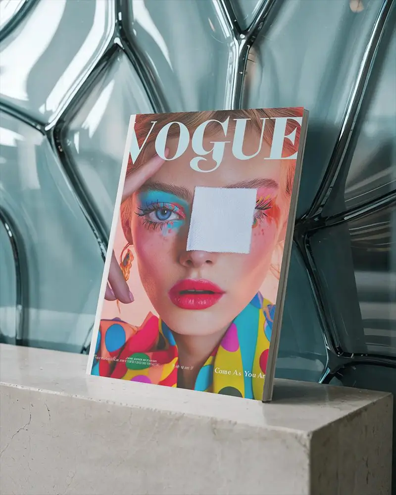 Stylish Vertical Magazine Mockup Leaning On Concrete Slab With Abstract Glass Panel Backdrop For Modern Presentations 0245