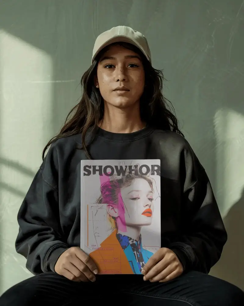 Bold Portrait Magazine Mockup Woman With Street Style Holding Publication Mockup