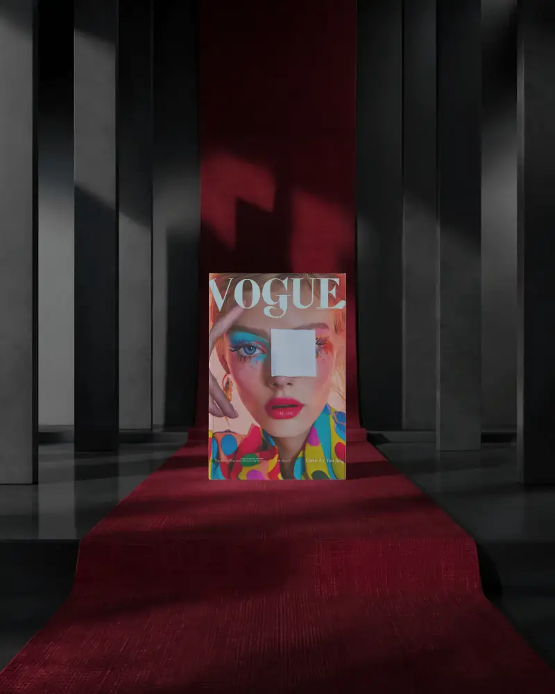 Dramatic Architectural Magazine Mockup Centered On Deep Red Carpet With Sharp Shadows And Sculptural Light Play High Impact Visual Staging 0161