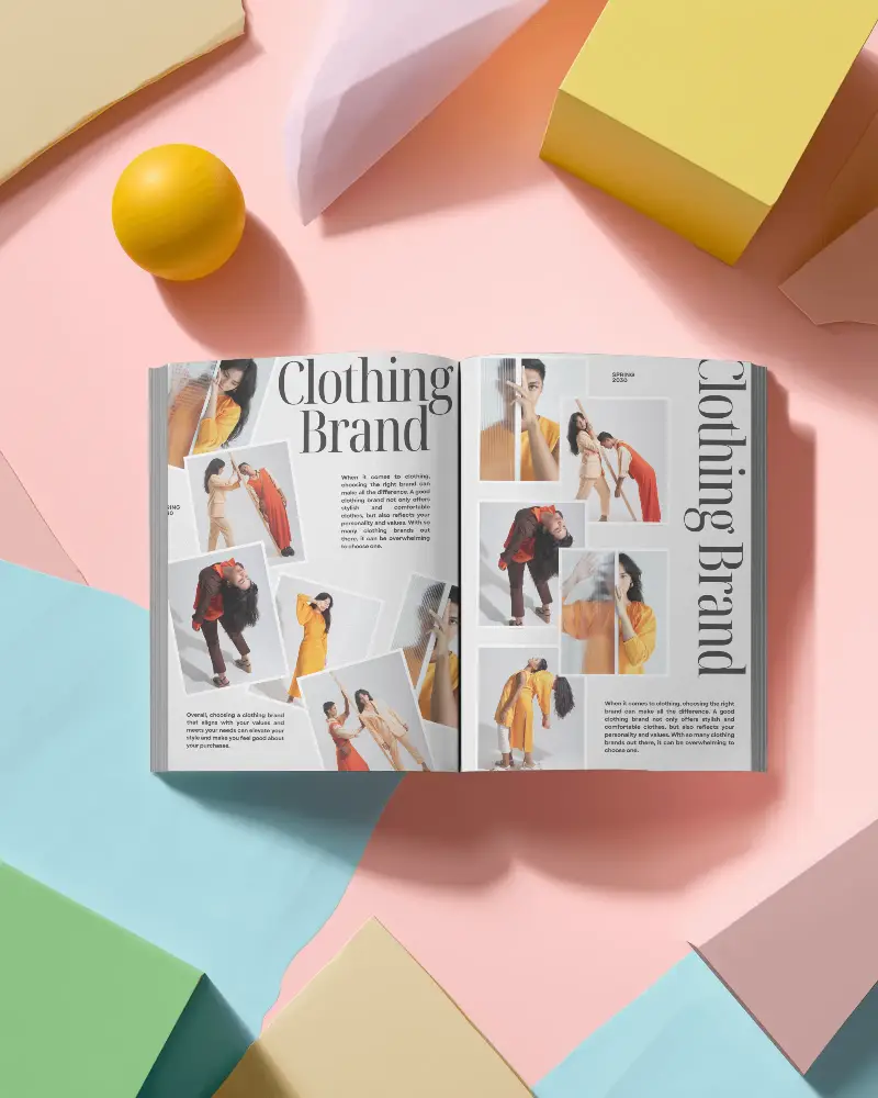 Blank Open Magazine Mockup Surrounded By Geometric Shapes For Design Presentation