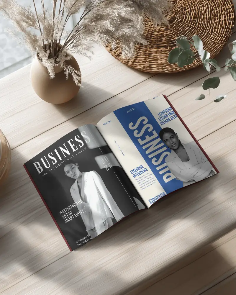 Open Spread Magazine Mockup On Minimalist Wooden Table With Nature Inspired Decor Elements