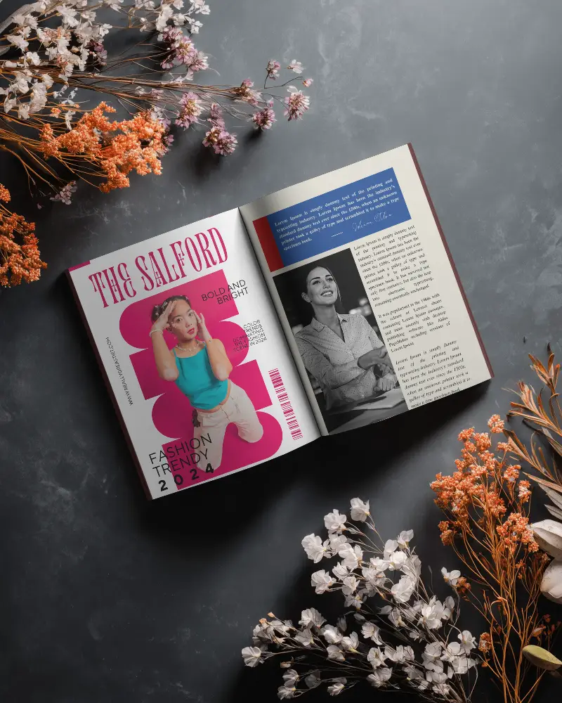 Open Magazine Mockup On Dark Backdrop With Dried Flower Arrangement For Layout Preview