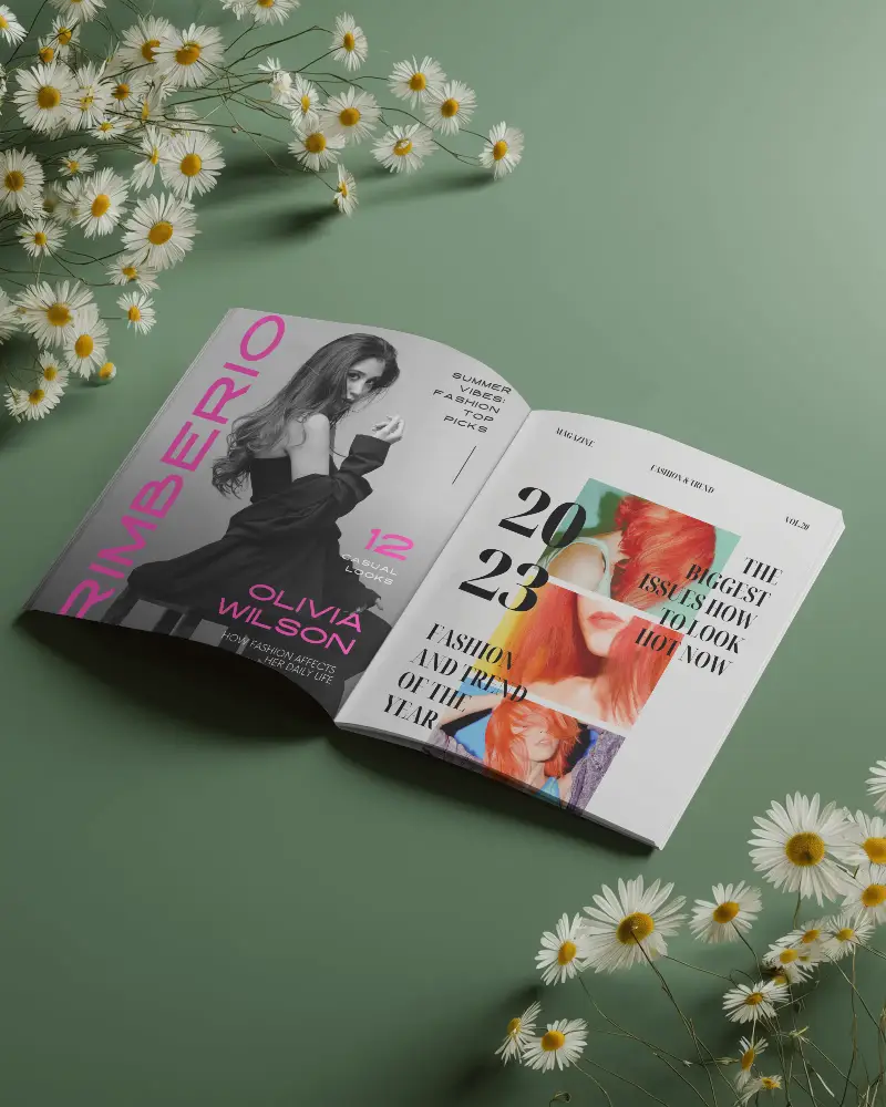Top View Of Blank Magazine Mockup On Table With Daisy Flower Arrangement