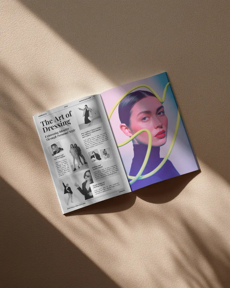 Realistic Magazine Spread Mockup On Textured Background With Soft Shadow And Lights