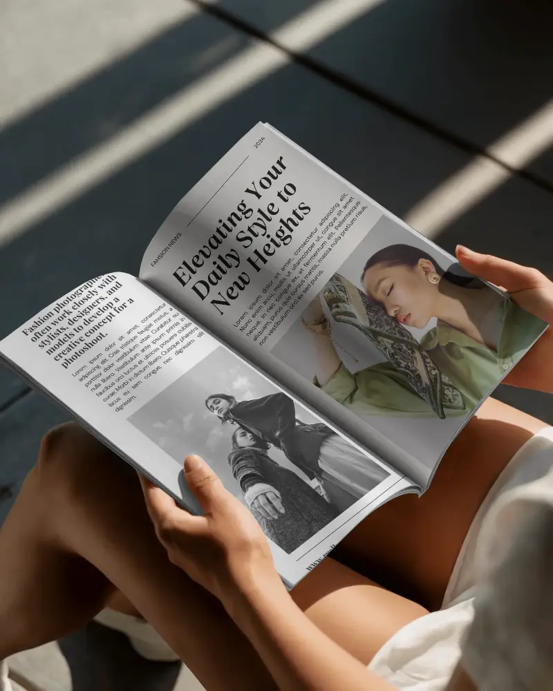Magazine Mockup In Hands Open To Blank Pages On A Lap With Shadow Light Play