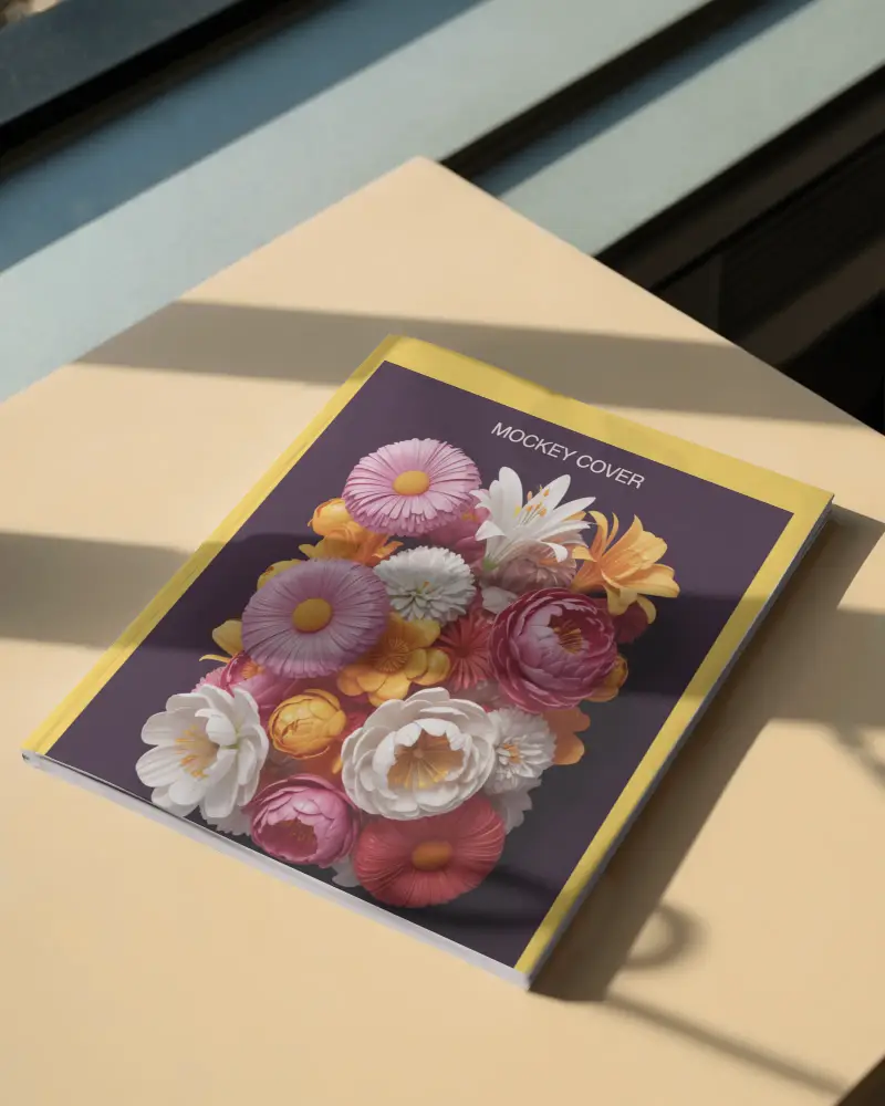 Hardcover Magazine Mockup On Minimalist Table With Natural Light And Shadow Effect