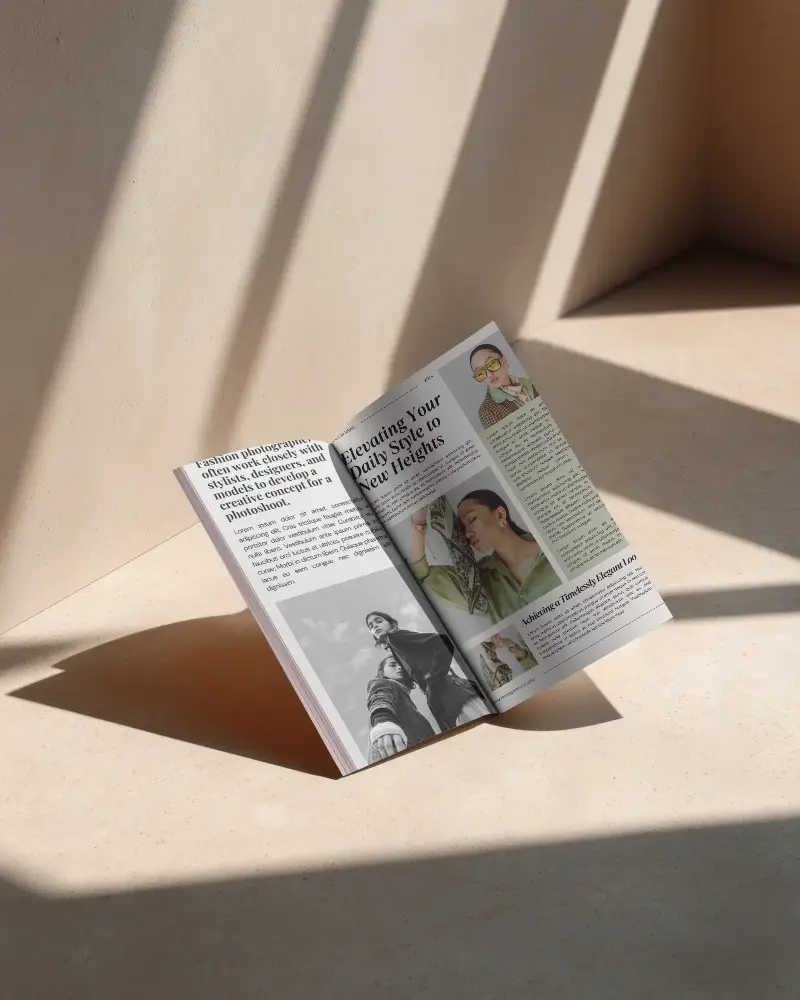 Minimalistic Open Magazine Mockup On Matte Textured Surface With Natural Light Shadows