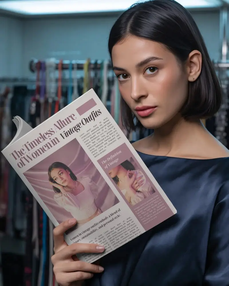Woman Holding Minimalist Magazine Mockup In Fashion Studio For Design Presentation