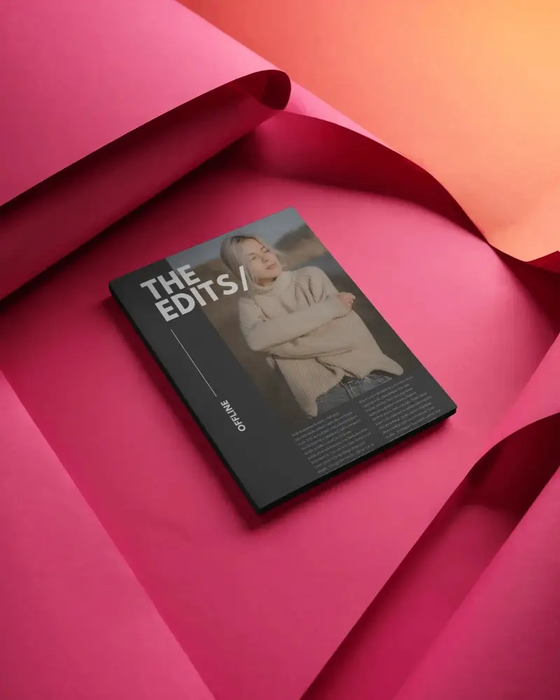Magazine Mockup On Curved Paper Background Minimalist Flat Lay Photography