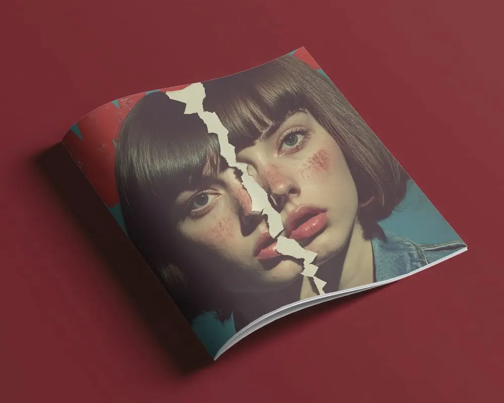 Curved Cover Magazine Mockup On Matte Red Surface Angled View With Soft Shadow Minimal And Modern Presentation 0105