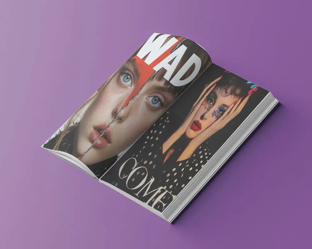 Angled Open Magazine Mockup On Vibrant Purple Background Clean Layout With Subtle Shadows And Flat Pages 0108