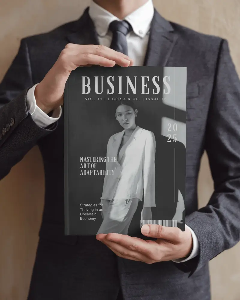 Executive Look Magazine Mockup Classic Suit Style Holding A4 Magazine In Neutral Setting