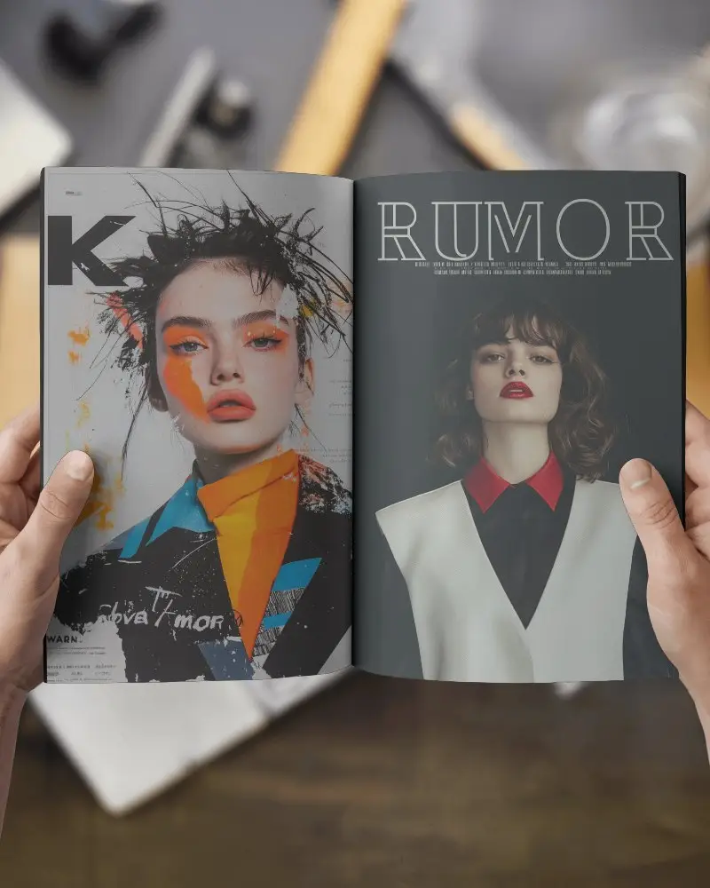 Open Spread Magazine Mockup Hands Holding Double Page Layout Over Designer Desk