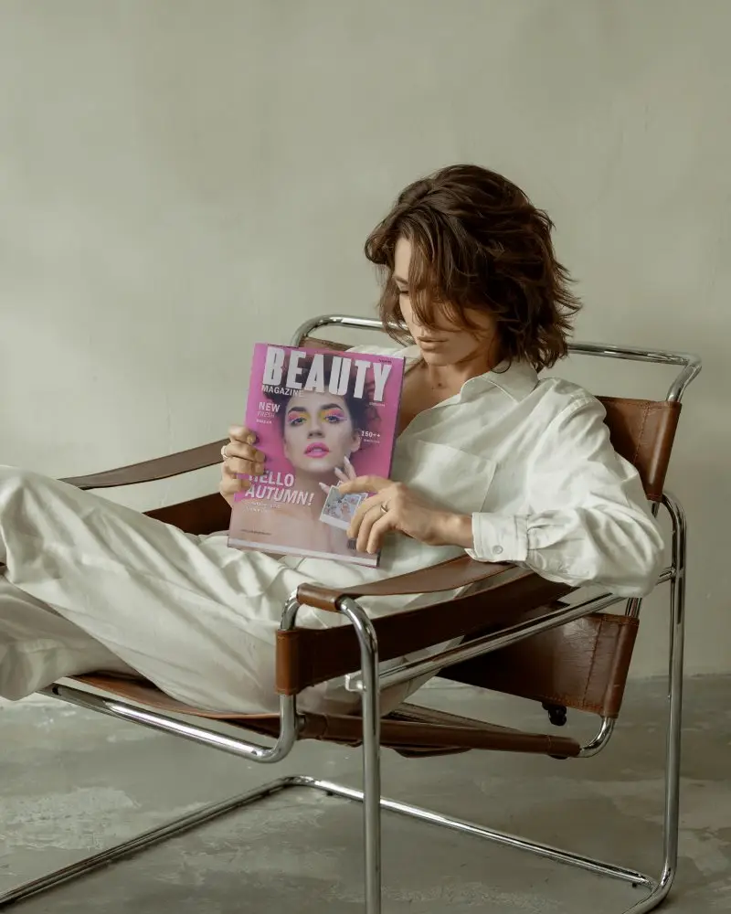 Artistic Lifestyle Magazine Mockup Modern Chair Composition With Soft Toned Paper Cover