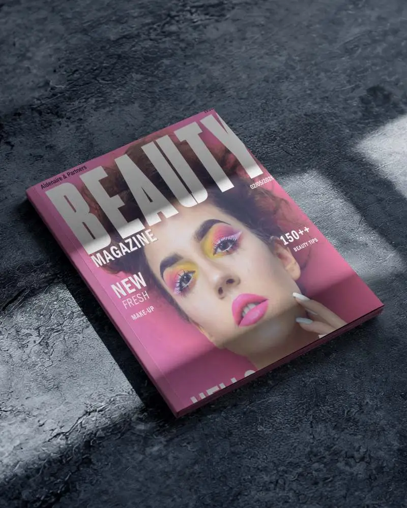 Minimalist Magazine Mockup On Dark Concrete Floor With Soft Window Shadows