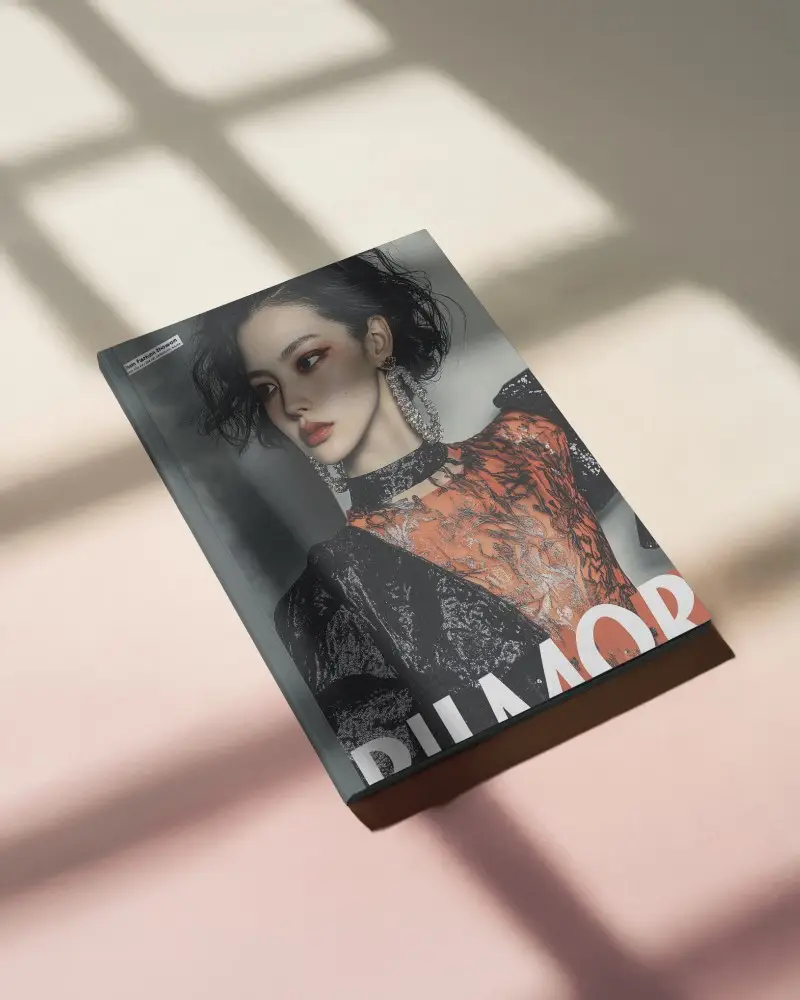 Aesthetic Magazine Cover Mockup On Light Pink Beige Surface In Soft Natural Light