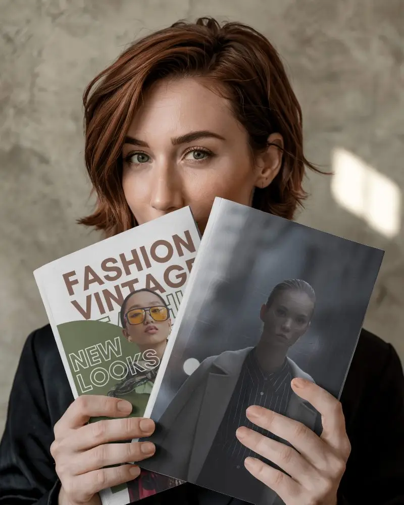 Editorial Magazine Mockup Double Cover In Hand By Redhead Woman With Minimal Background