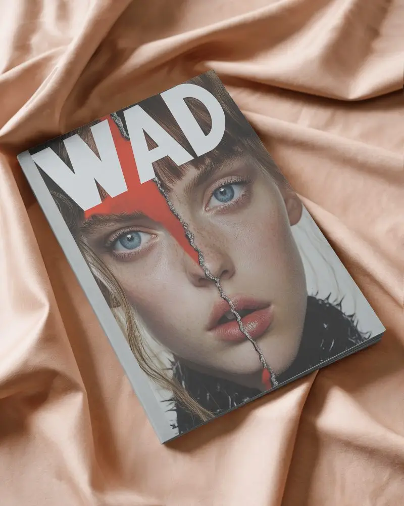 Neutral Toned Magazine Mockup On Creased Beige Textile Surface For Elegant Designs