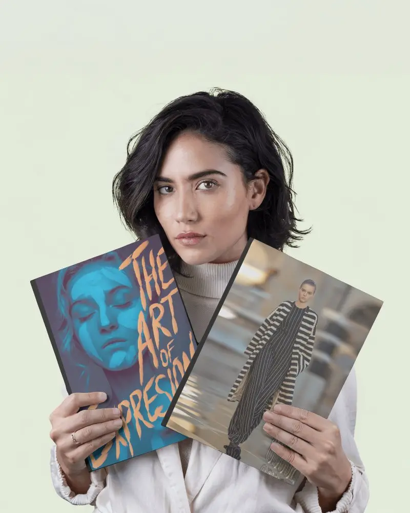 Clean Background Magazine Mockup Model With Modern Short Hair In White Outfit