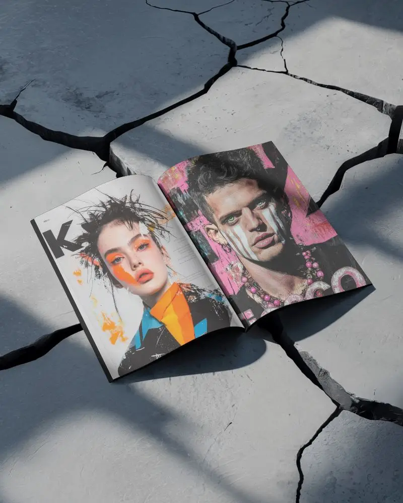 Premium Open Magazine Mockup A4 Pages Displayed On Split Cement Surface
