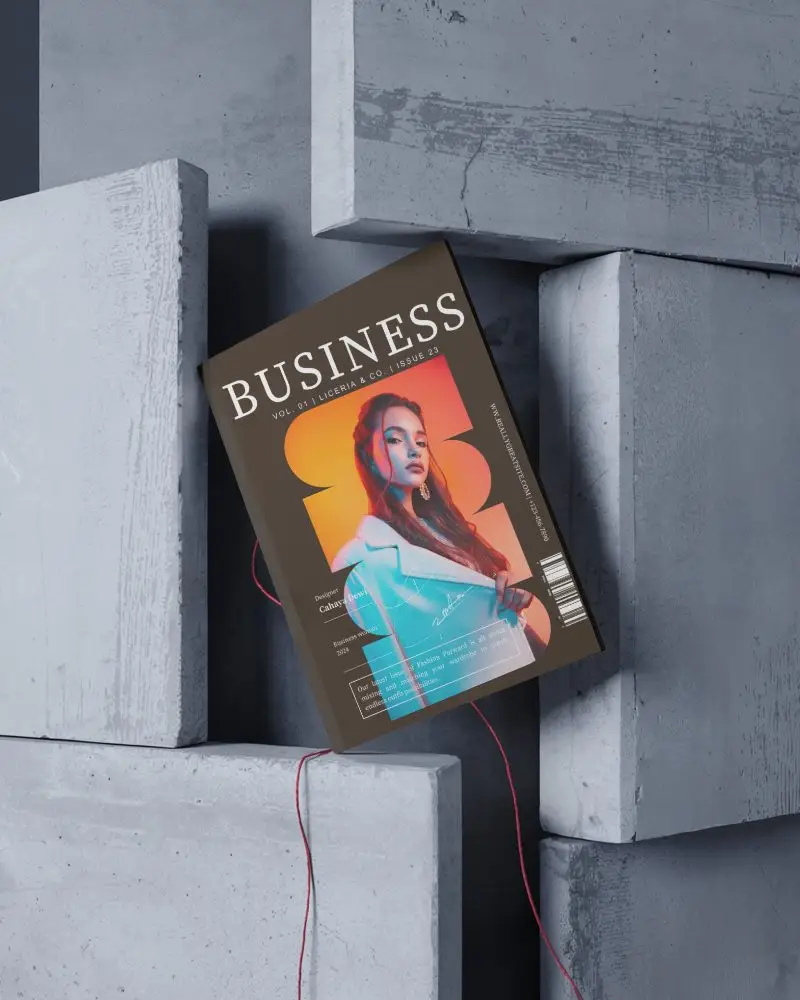 Minimalist A4 Magazine Mockup Leaning On Concrete Blocks Modern Urban Scene