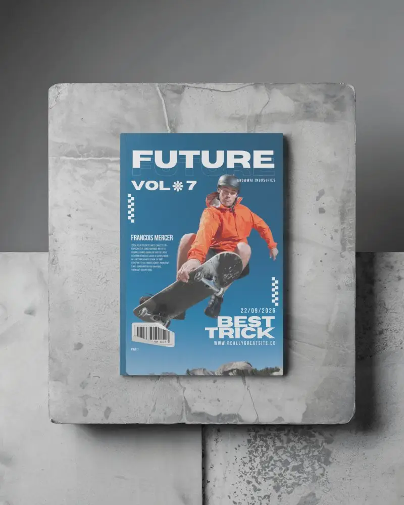 Professional A4 Cover Magazine Mockup Top Shot On Urban Industrial Concrete Base