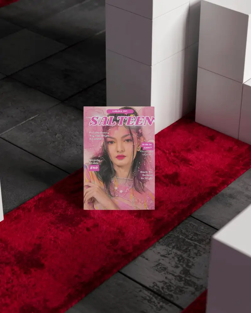 Textured Floor Magazine Mockup With Plush Red Carpet And Stacked White Cubes Modern Geometric Display In Soft Directional Light 0162