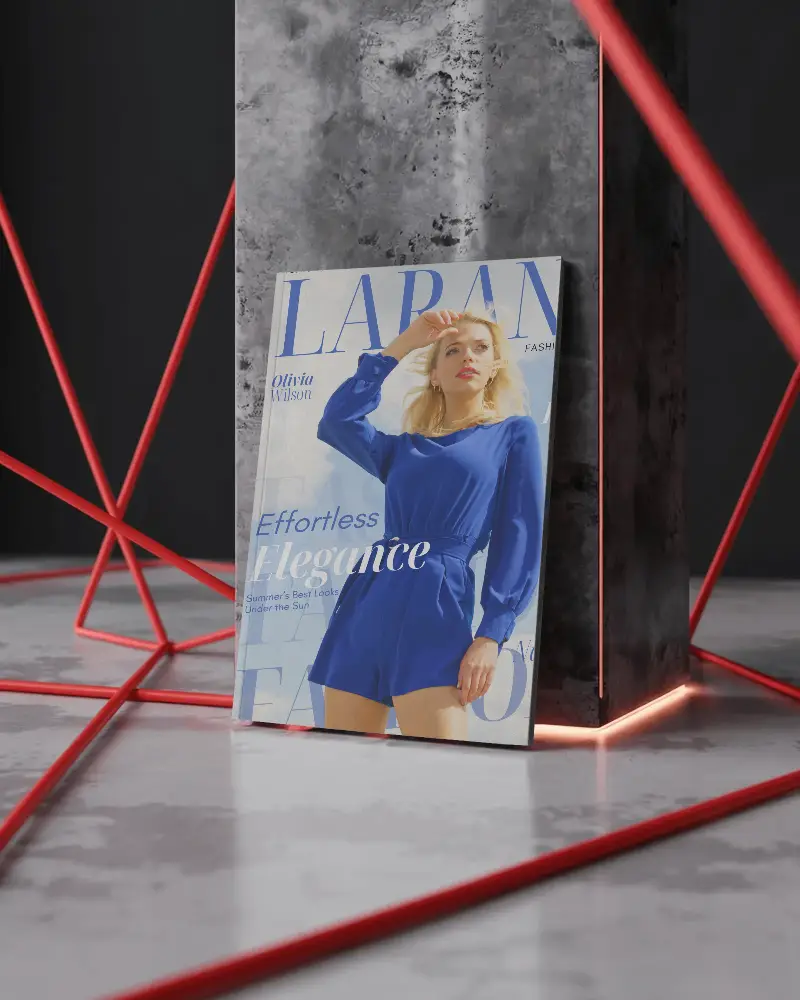 Futuristic Industrial Magazine Mockup Against Raw Concrete Pillar With Glowing Red Light Strips And Geometric Cable Frame Composition 0164