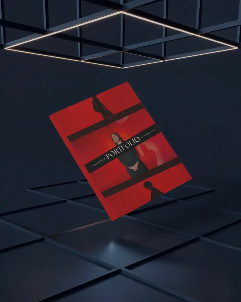 Floating A4 Magazine Mockup Under Geometric Lights Dark Modern Studio Environment