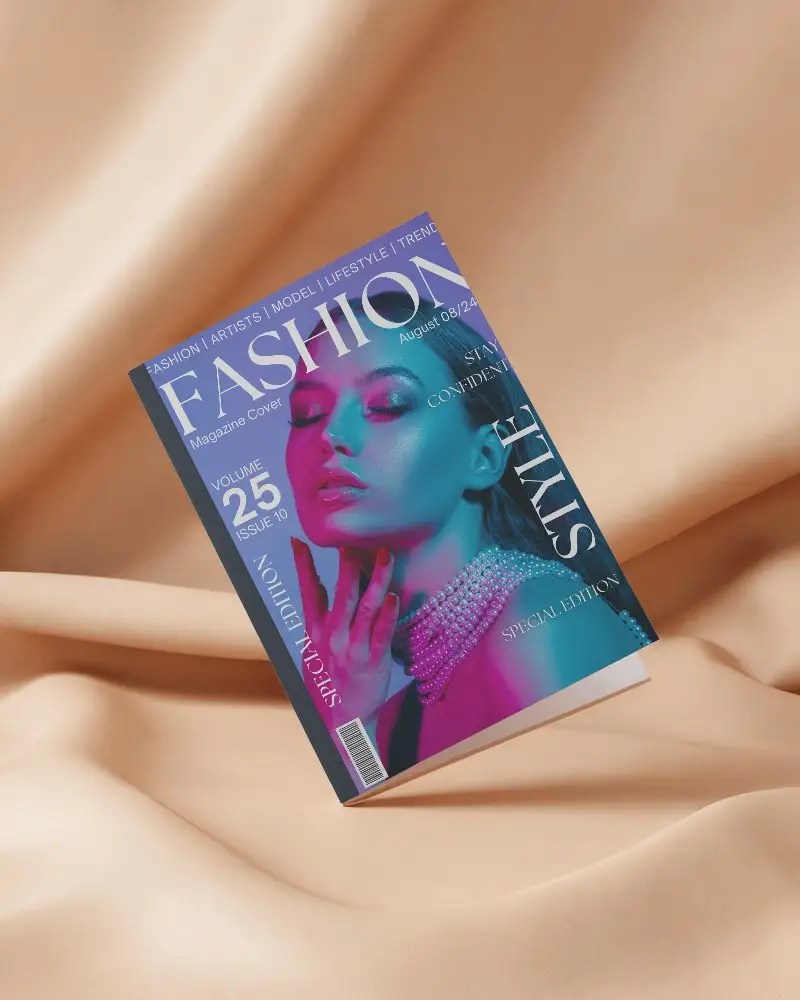 Softcover Magazine Mockup On Creased Peach Fabric Smooth Lighting Minimal And Elegant Presentation 0205