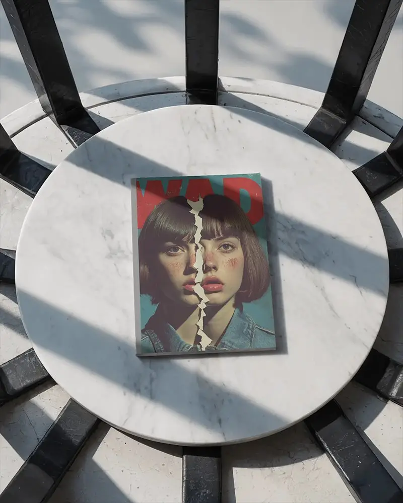 Minimalist Magazine Mockup Top View On Round Marble Table With Geometric Shadow Patterns And Natural Lighting 0206