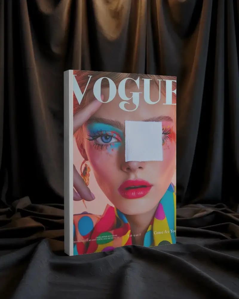 Premium Vertical Magazine Mockup Standing On Black Silk Fabric With Soft Dramatic Lighting And Dark Curtain Background 0207