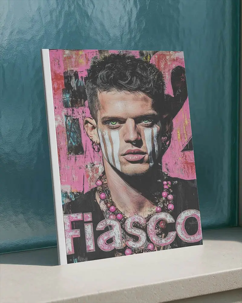 Sunlit Outdoor Magazine Mockup Leaning Against Textured Blue Glass Panel On Stone Surface With Natural Light 0209