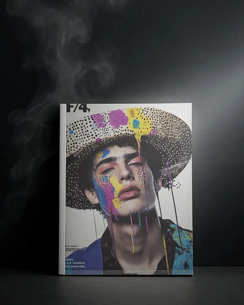 Dramatic Studio Magazine Mockup Standing Against Dark Wall With Moody Smoke Effect And Spotlight Highlights 0210