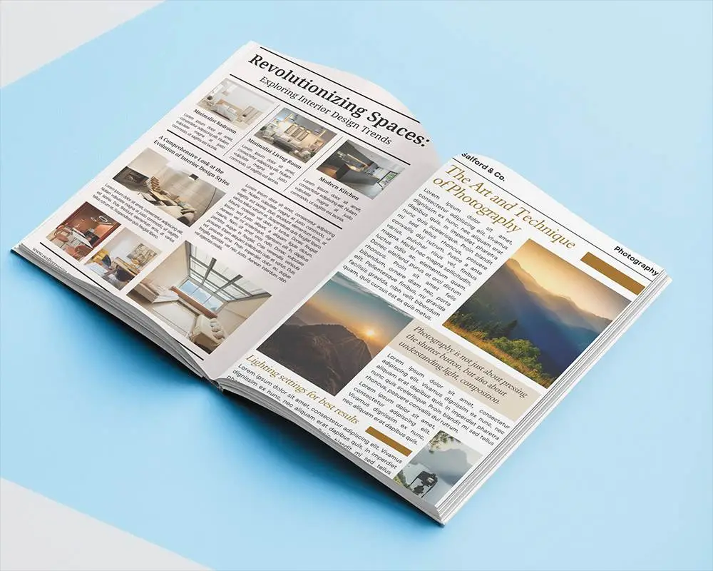 Bright Open Magazine Mockup On Clean Light Blue Background Showing Double Page Layout In Flatlay Style 0212