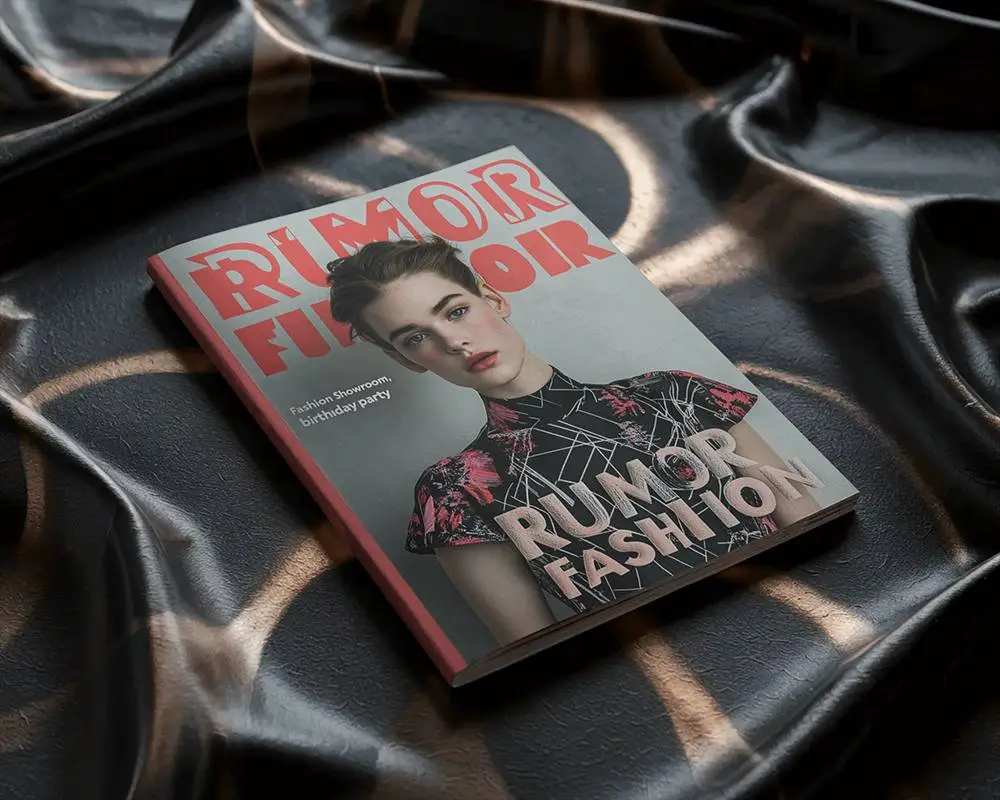 Stylish Magazine Cover Mockup On Rich Textured Black Fabric With Soft Reflective Light Rings 0214