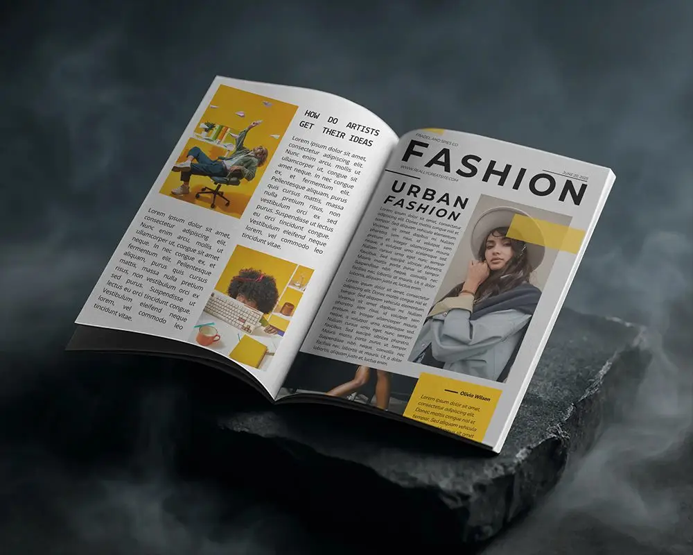 Cinematic Open Magazine Mockup On Dark Stone Platform Surrounded By Soft Mist And Dramatic Light 0215