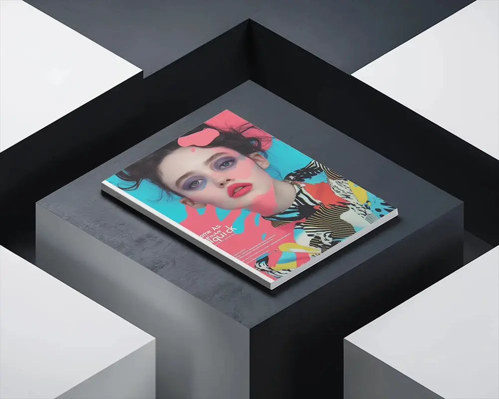 Geometric Top View Magazine Mockup On Dark And White 3d Block Platform With Modern Minimal Style 0217