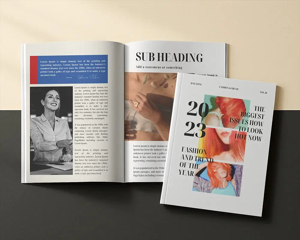 Editorial Magazine Mockup With One Open Layout And One Closed Cover Against Two Tone Neutral Surface 0218