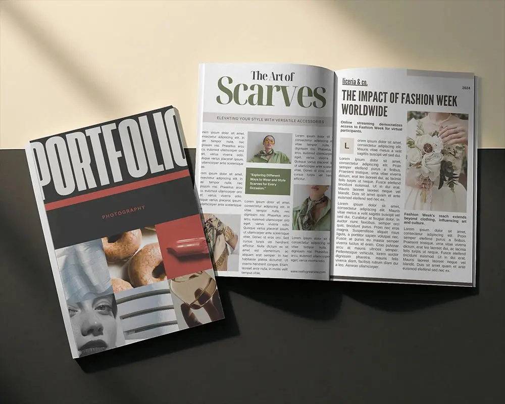 Sunlit Dual Magazine Mockup Featuring Open Spread And Angled Cover On Two Tone Background Surface 0219