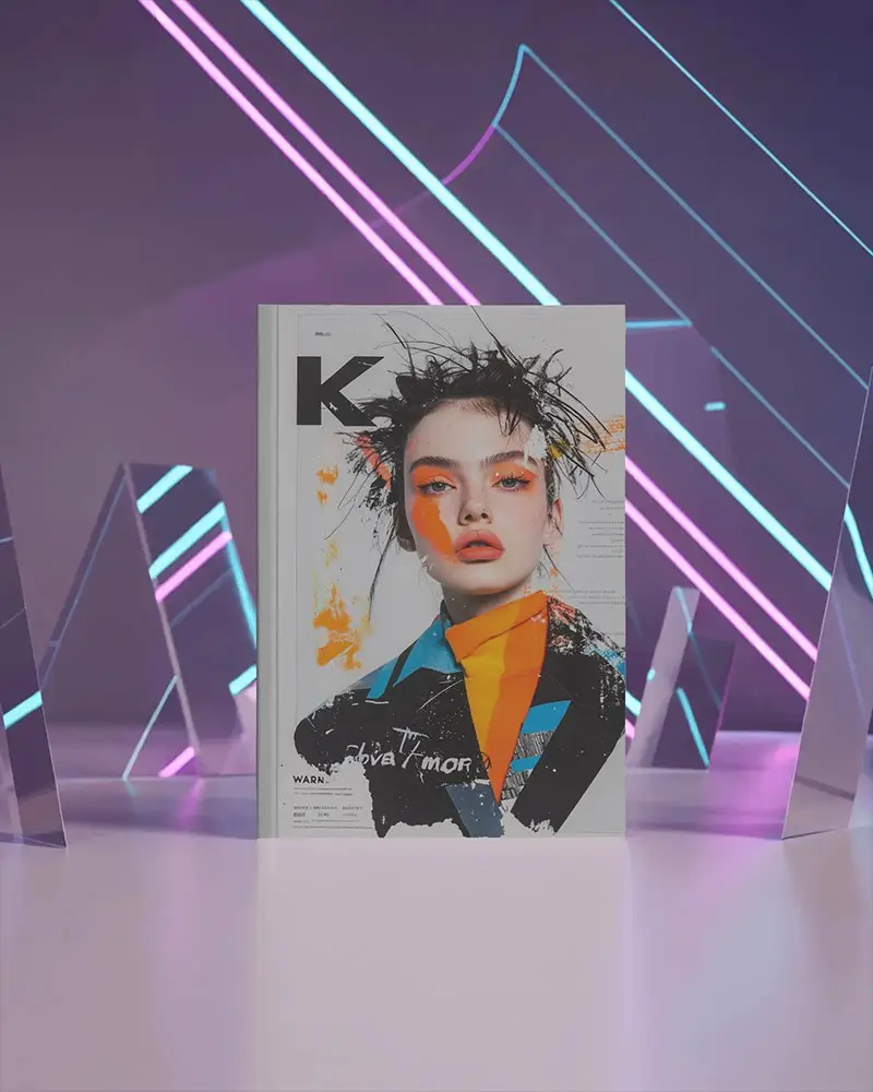 Upright Magazine Mockup In Illuminated Neon Environment With Purple Pink And Blue Acrylic Light Shapes 0222